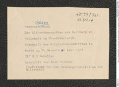 Seite 1 der Karteikarte, Beilag 1 zum Manuskript "Die Altherthumsgräber vom Salzberg zu Hallstatt in Oberösterreich", Signatur 12.903 e